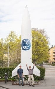 Kenneth and Gunnar next to the rocket outside the Solna office in Sweden